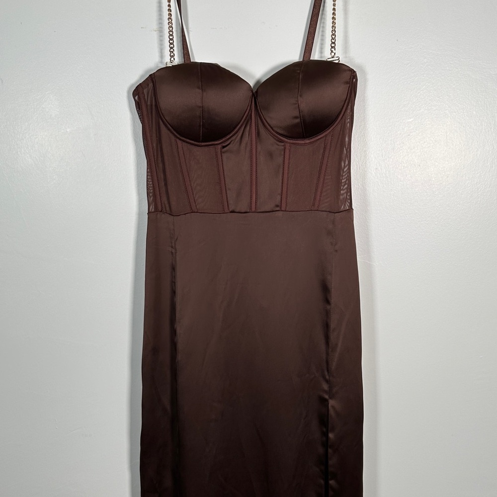 Meshki Brown Satin Corset Dress Bodycon Midi Thigh Slit Sexy Night Out Size M - Picture 12 of 16